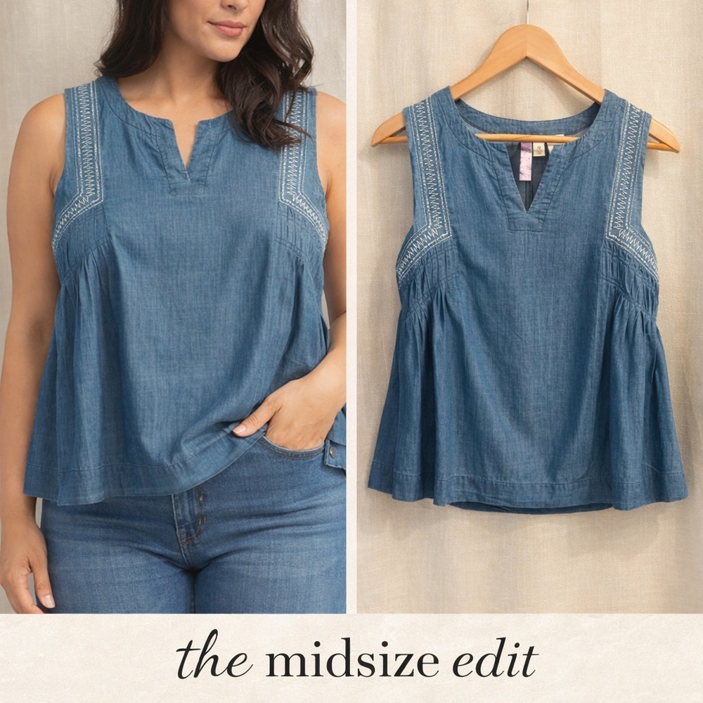 Alja Chambray Embroidered Sleeveless Peplum Top | Boho Denim Blouse | Medium